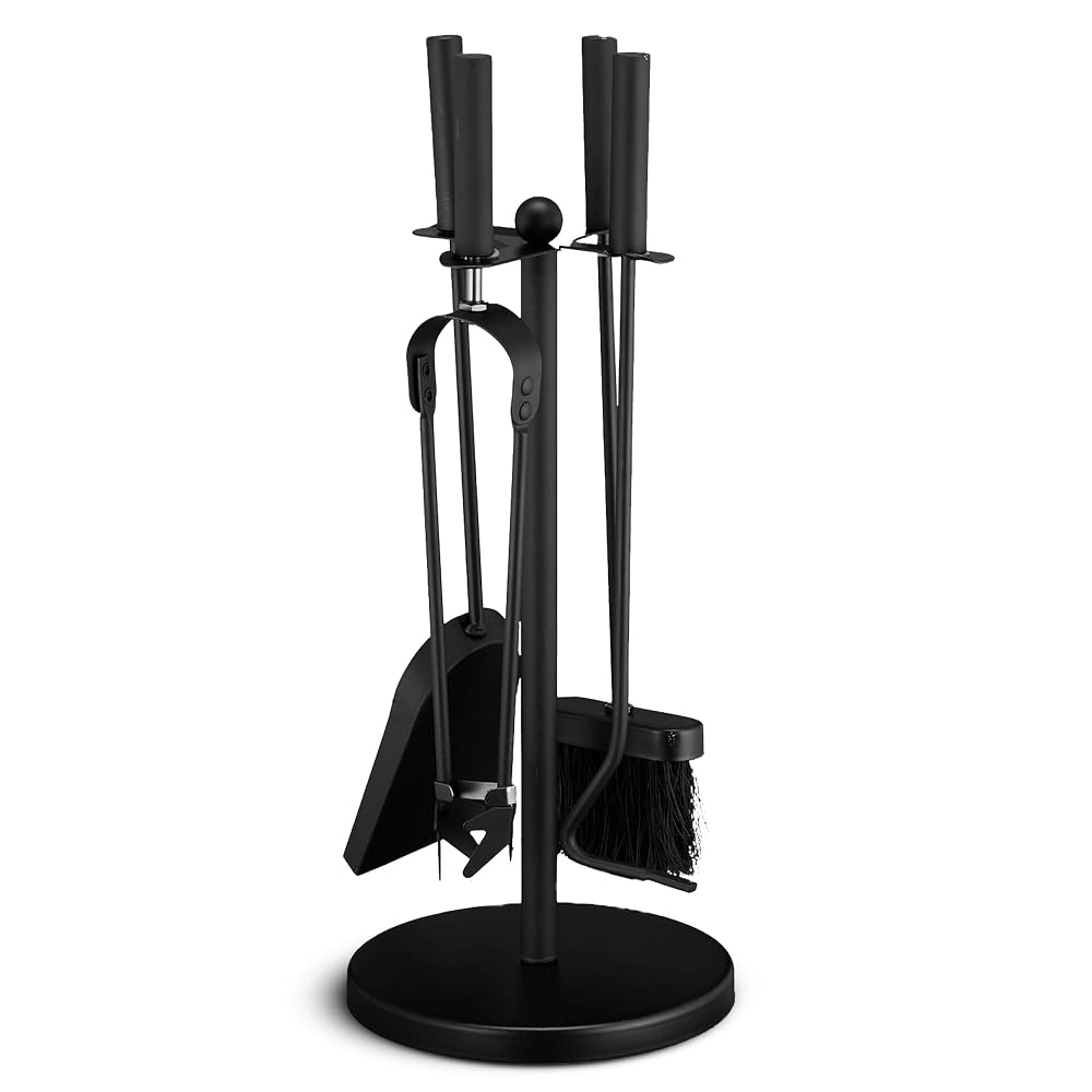 BLADO 5 Pc Black Fireside Companion Set, Durable Cast Iron Fireplace Accessories for Wood Burning Stove