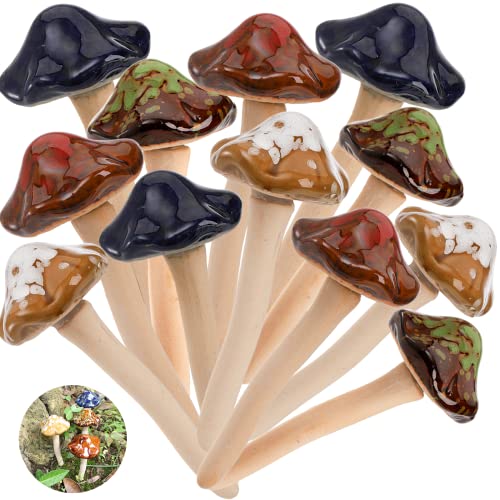Peohud 12 Pack Ceramic Mushroom Garden Ornaments, Fairy Garden Decorations