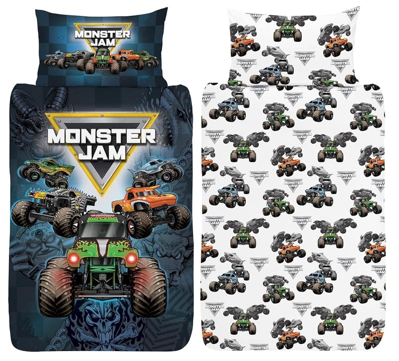 Monster Jam Single Duvet Cover - Grave Digger, Max-D, Megalodon, Dragon & El Toro Loco Design, Officially Licensed Reversible Bedding with Matching Pillowcase