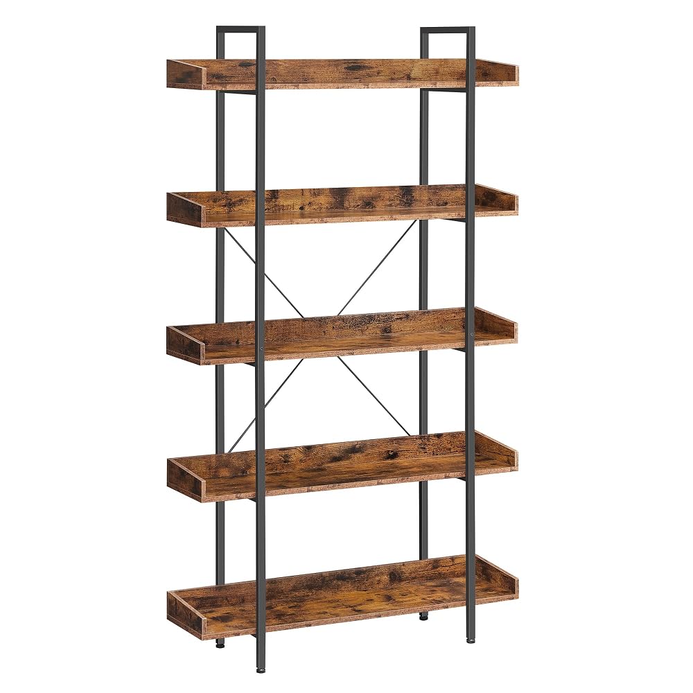 VASAGLE Bookcase, 5-Tier Shelving Unit, Spacious Storage Shelves, Easy Assembly, Living Room, Bedroom, Home Office, Industrial, Rustic Brown and Black