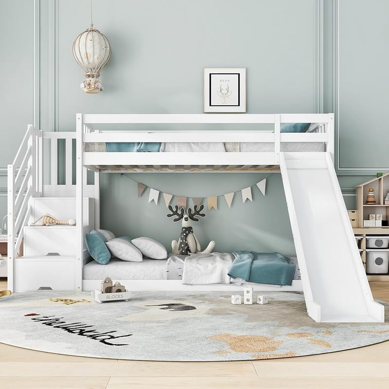 Children's Bed Frame 3FT, Bunk Bed for Kids with Ladder, Slide & Steps