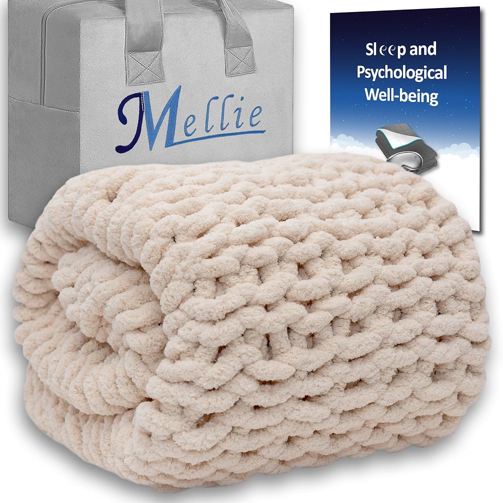 Mellie Luxury Large Chunky Knit Throw Blanket, Ultra-Soft Chenille Yarn Cable Knit, Machine Washable, 127x152cm, Cream