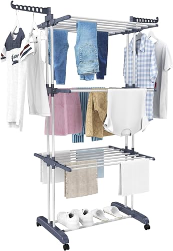HOMIDEC Airer Clothes Drying Rack, 4-Tier Foldable Clothes Hanger Adjustable Large Stainless Steel Garment Laundry Racks for Indoor Outdoor, Grey