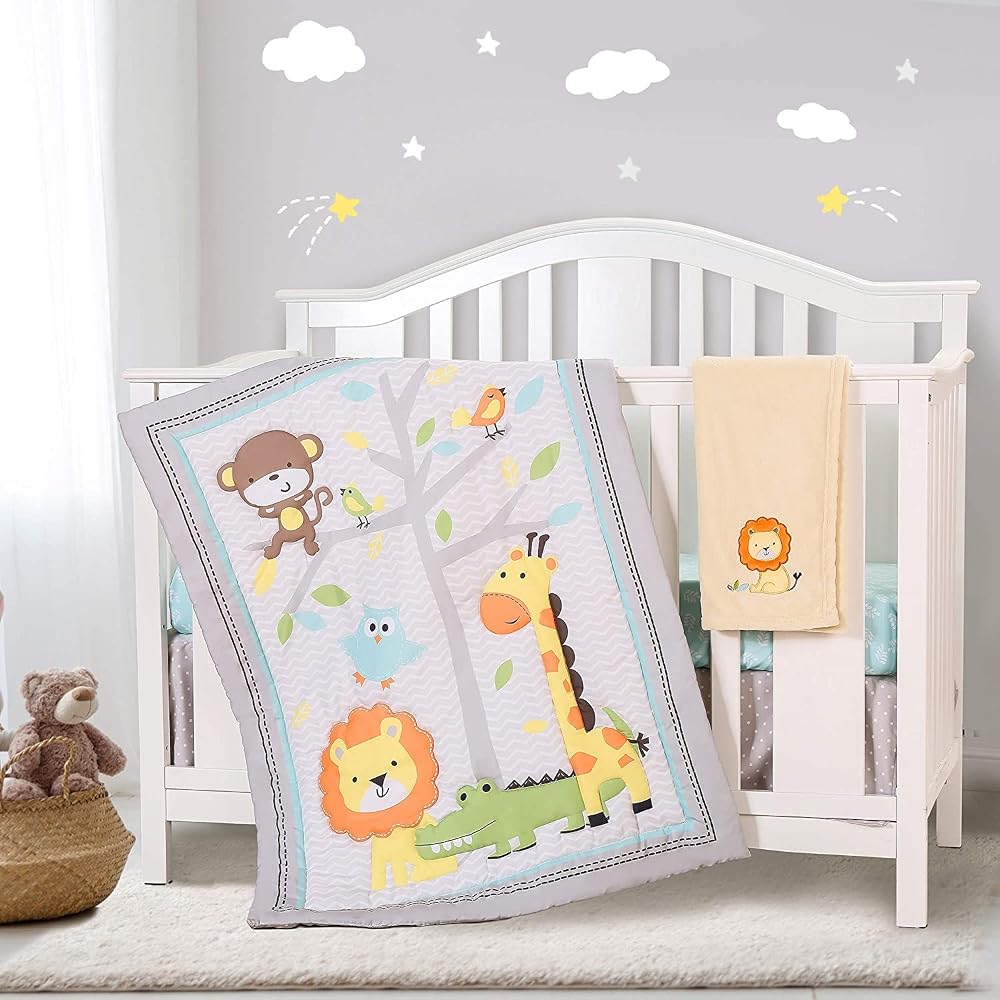 YJM 4Pcs Cot Bedding Set, Zoo Baby Bedding Set Neutral, Comforter, Fitted Sheet, Cot Skirt and Blanket, Nursery Bedding Set, Zoo Brown