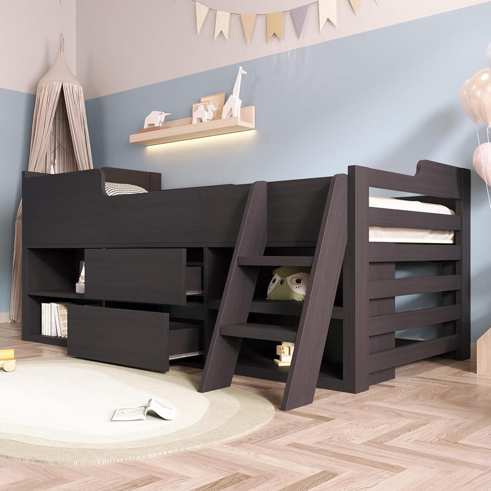 Merax Kids Bed Frame - Wooden Storage Toddler Bed with Drawers & Shelf Ladder