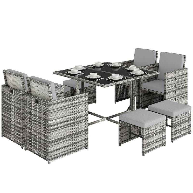 Outsunny 8 Seater Rattan Cube Garden Furniture Set, Dining Set with Cushions, 4 Armchairs, 4 Stools, Square Glass Top Table, Mixed Grey