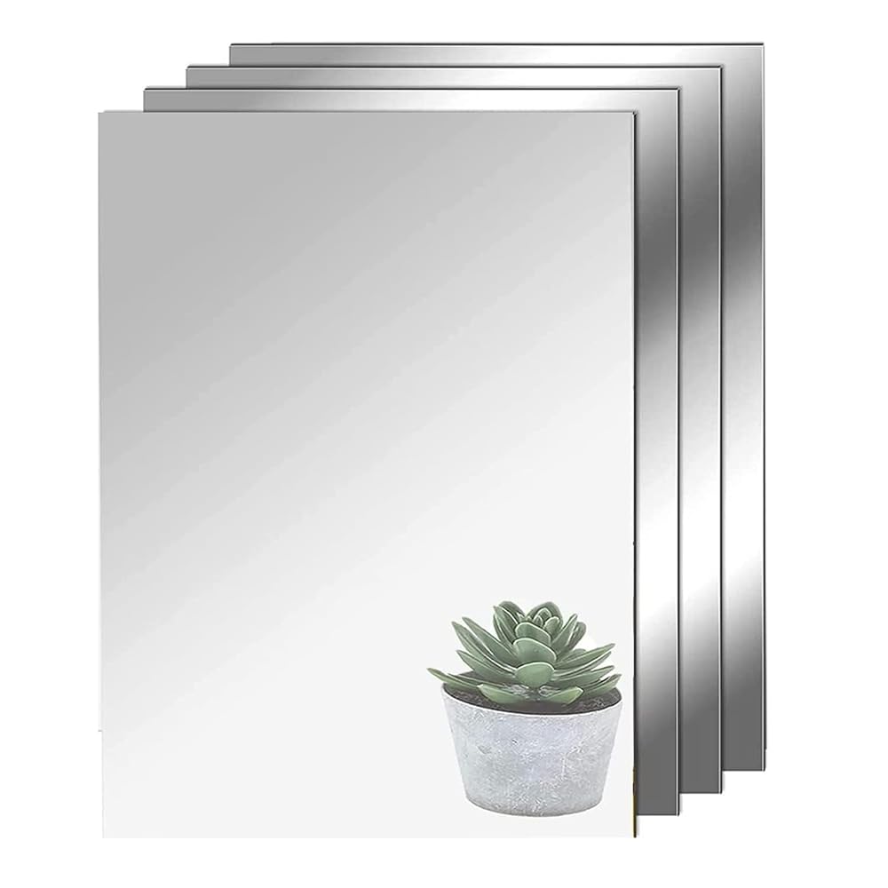 TSKDKIT 4Pcs Self Adhesive Mirrors Sheets A4 Thickened Acrylic Mirror Tiles Adhesive 2mm Stick on Wall Mirror Large High Clear Mirror for Bathroom, Bedroom, Door etc