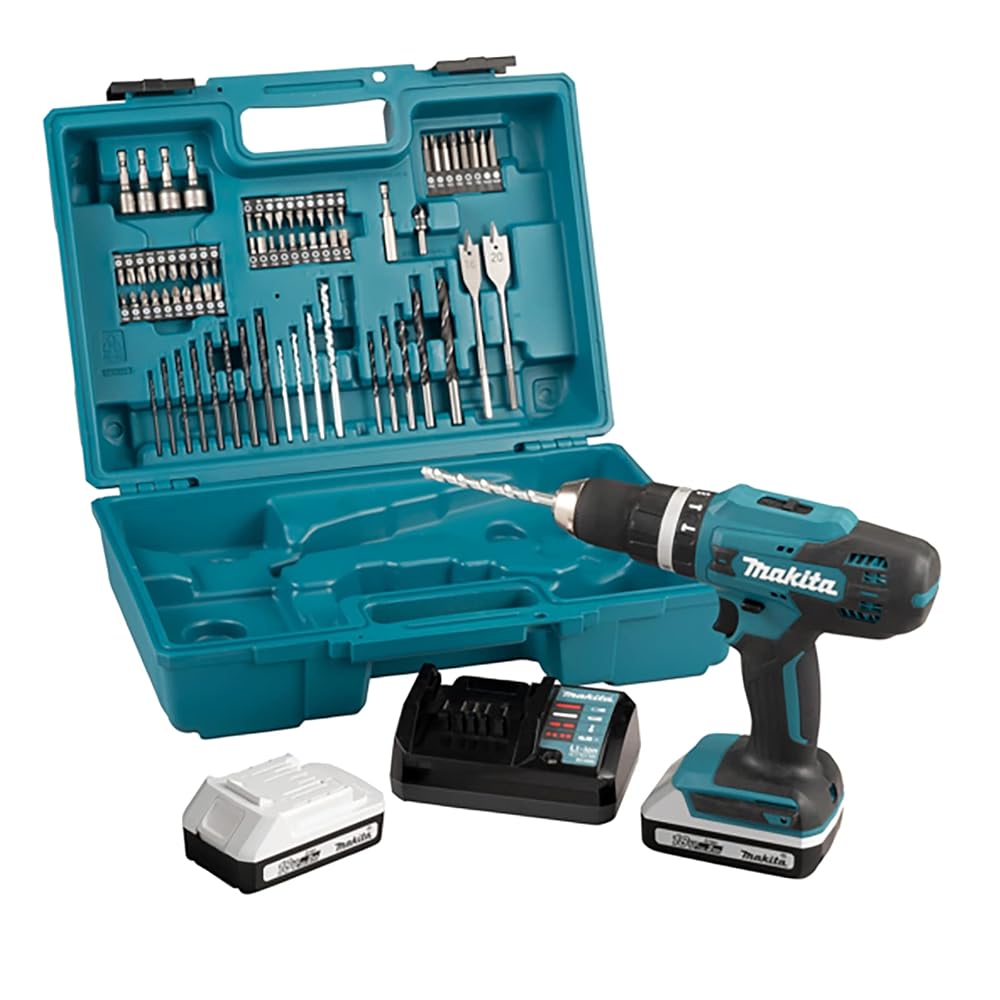 Makita HP488DAEX1 18V G-Series Combi Drill Complete with 2 x 2.0Ah Batteries, Charger and 74 Piece Bit Set