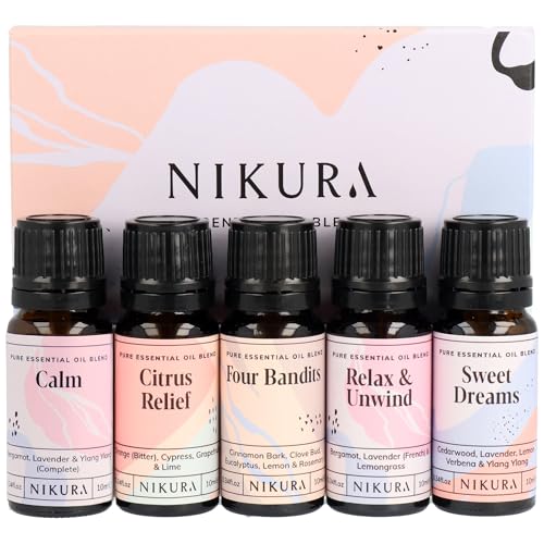 Nikura Essential Oils Blends Gift Set, 5 x 10ml Calming Aromatherapy Oils for Diffusers