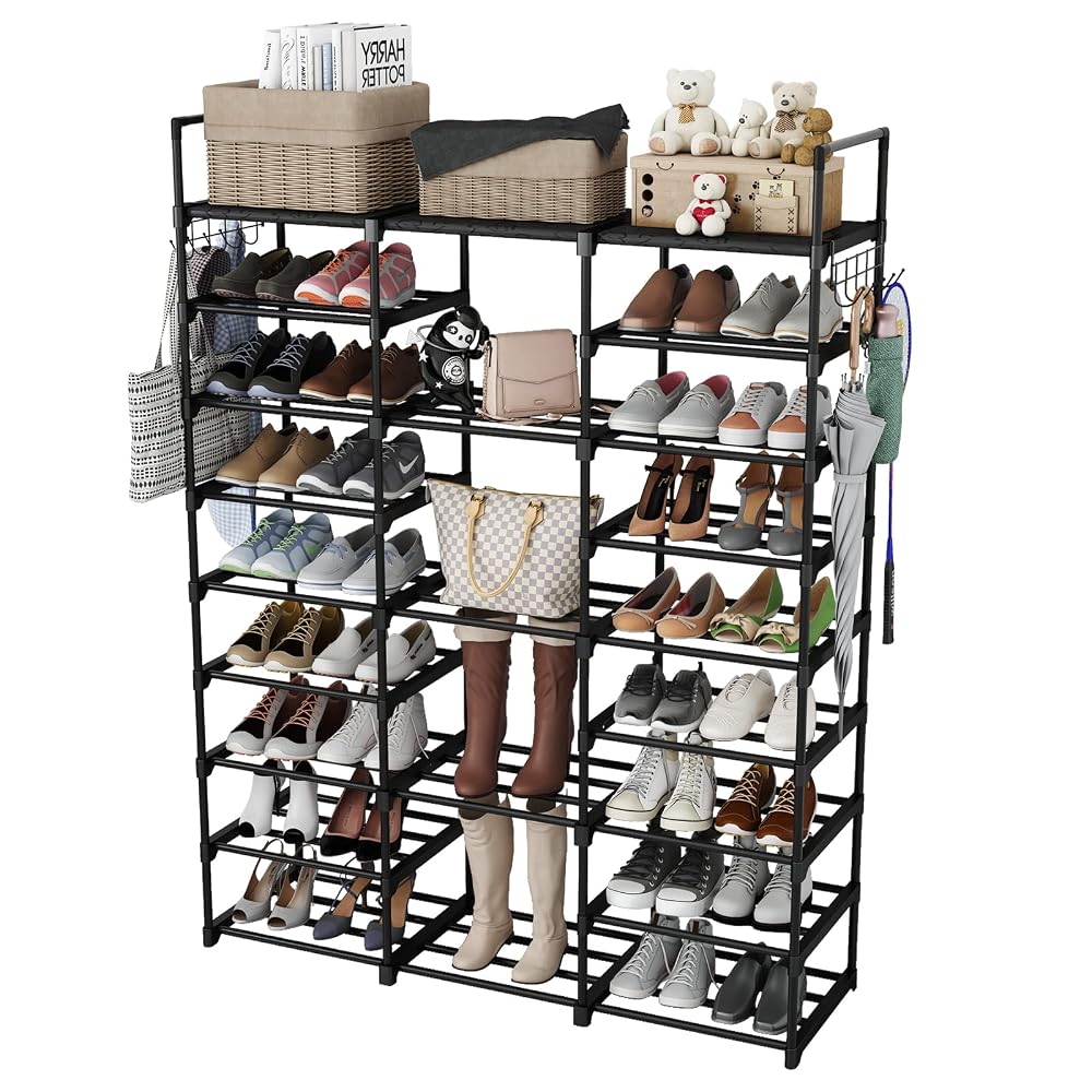 Finew Shoe Rack 9 Tier 3 Row, Metal Shoes Storage Organiser Shelf, Holds 50-55 Pairs, Black