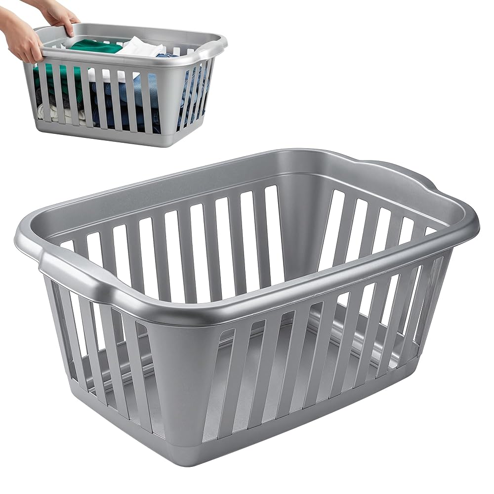 PLASTIFIC Large High Grade Plastic Laundry Basket with Handles and Wheels, Hipster Style Washing Linen Hamper, Beige, 40 x 33 x 58cm
