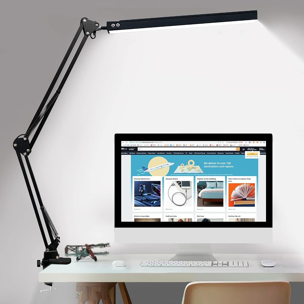 LED Desk Lamp with Clamp, Adjustable Swing Arm Desk Lamp, Eye-Caring Architect Dimmable LED Desk Light, Drafting Table Lamp with 3 Color Modes 10 Brightness Levels, Memory Function