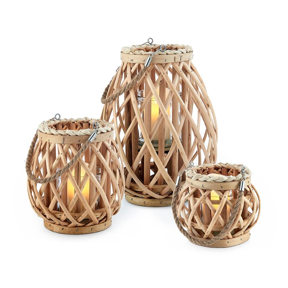 LIVIVO Set of 3 Wicker Candle Lantern Baskets, Natural Rattan