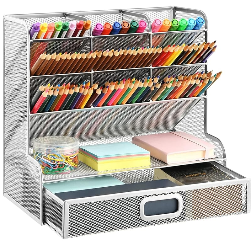Marbrasse Desk Organiser, Pen Holder with Drawer, Mesh Desktop Stationery Storage Rack, Silver