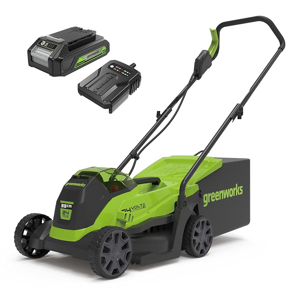 Greenworks 24V Cordless Lawnmower with Brushless Motor, 33cm, up to 140m² (GD24LM33K2)
