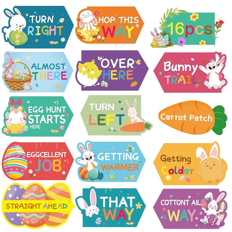 Easter Egg Hunt Signs Kit 16 Pcs Cute Easter Egg Hunt Signs for Kids Garden Decorations Egg Game