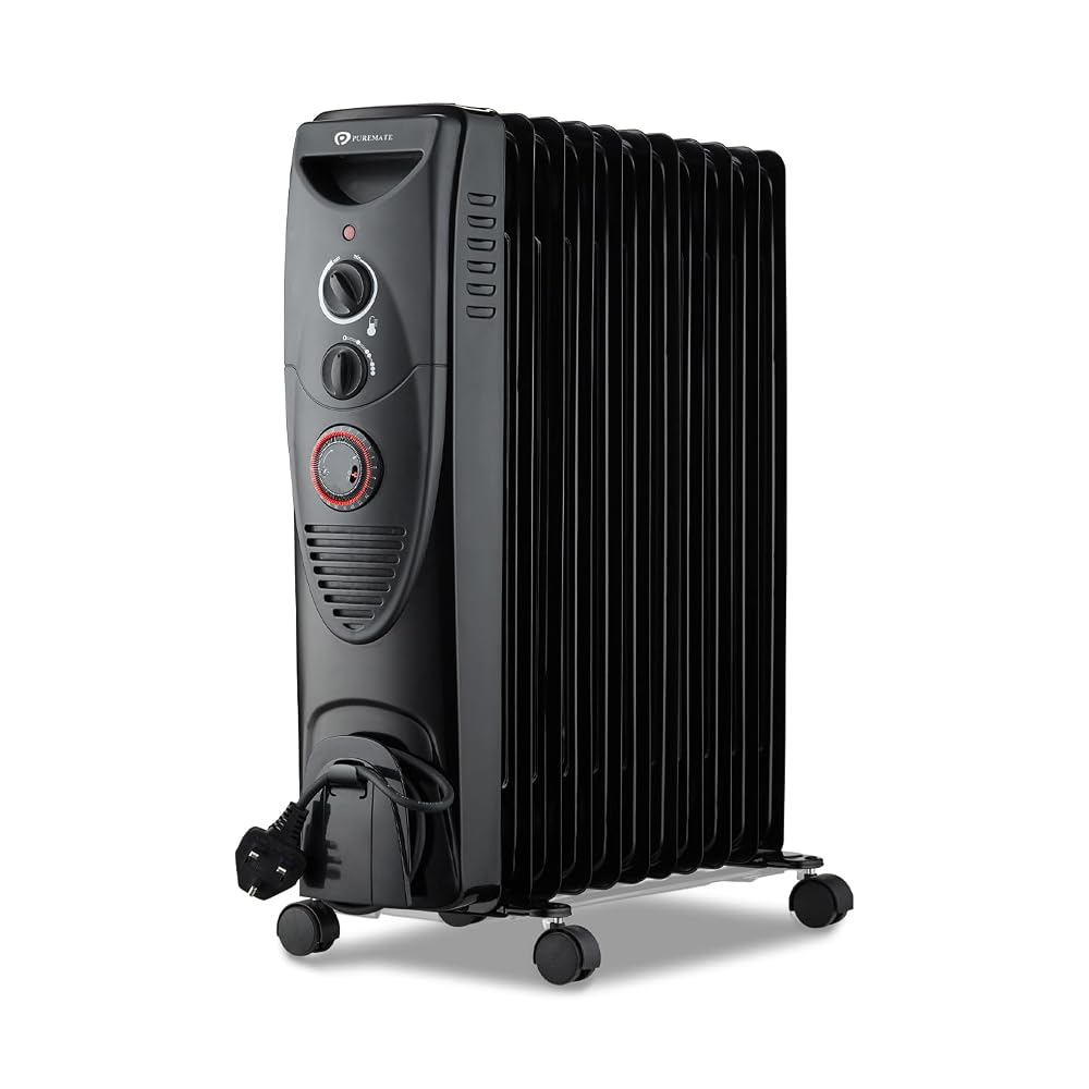 PureMate Oil Filled Radiator, 2500W/2.5KW - 11 Fin Portable Electric Heater with 3 Power Settings