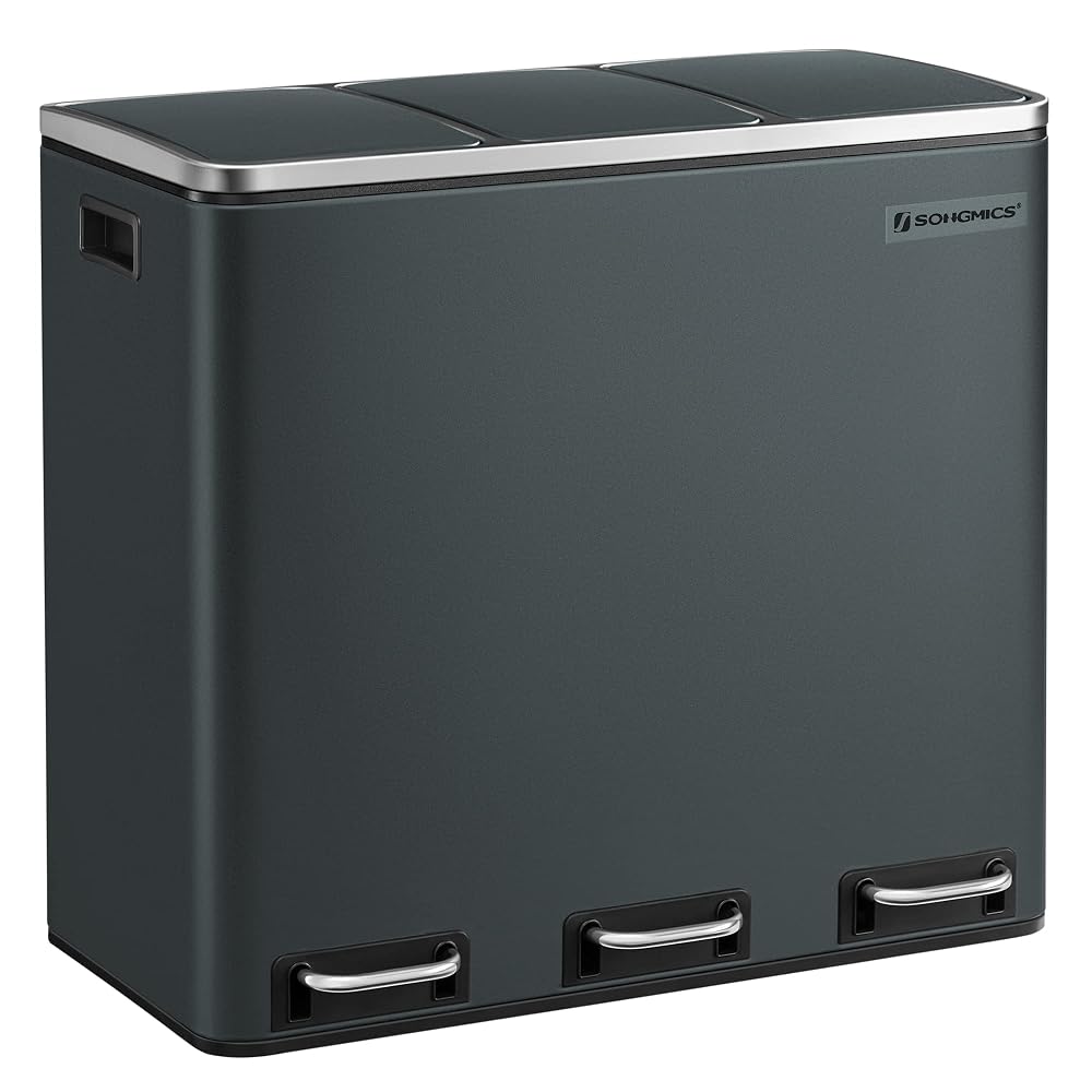SONGMICS Kitchen Bin, 3 x 18L Recycling Bin, 3 Compartment Rubbish Bin for Recycling and Waste, Steel, Greenish Grey