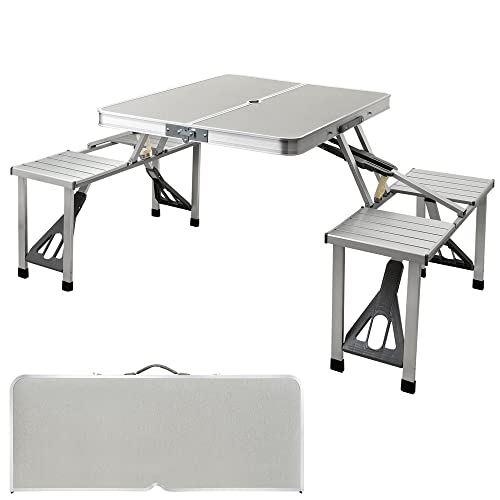 Hedii Portable Folding Camping Picnic Table and Chairs One Piece Design Set, Aluminum Foldable Table + 4 Stools, For Home Party Field Kitchen Outdoor Garden BBQ