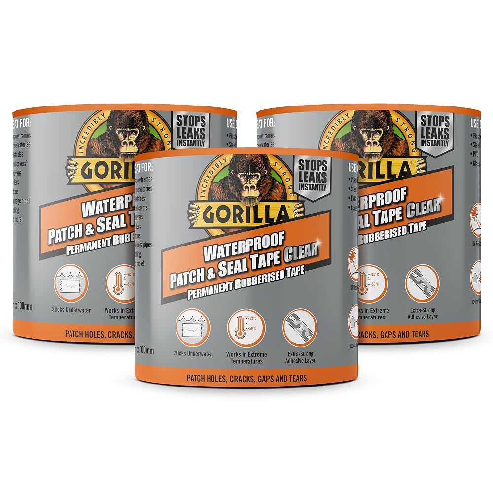 Gorilla Waterproof Patch & Seal Tape, Clear, 2.4m (3 Pack)