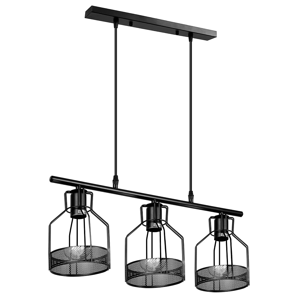PORHUMI Industrial Pendant Light E27 Black Ceiling Light, 3-Light Hanging Vintage Fixture for Kitchen Island