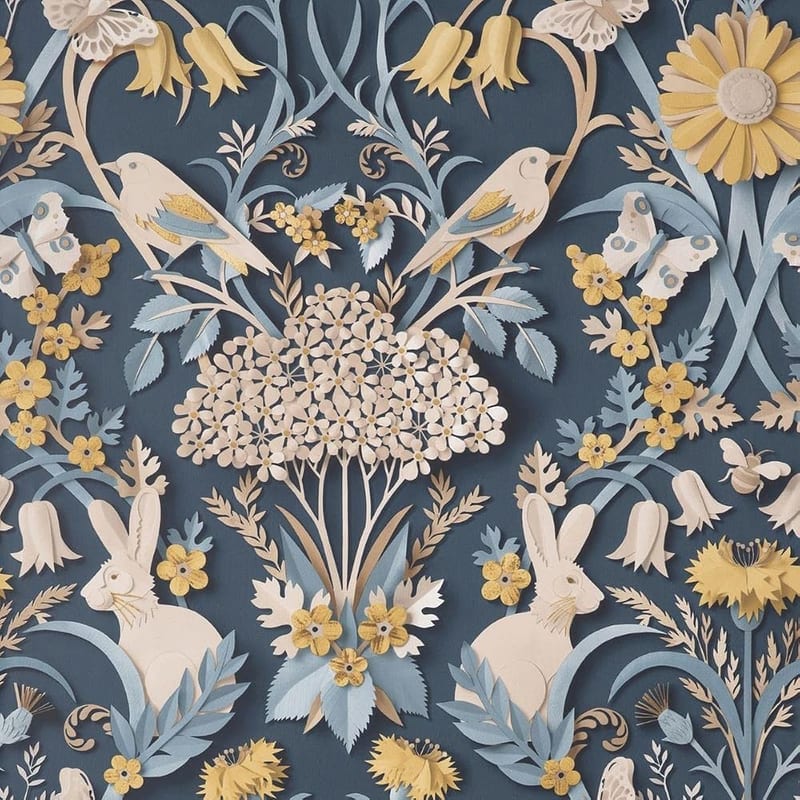 Fine Decor FD42950 UK Woodland Navy Blue Wallpaper - 3D Effect Rabbits, Birds & Bees Design