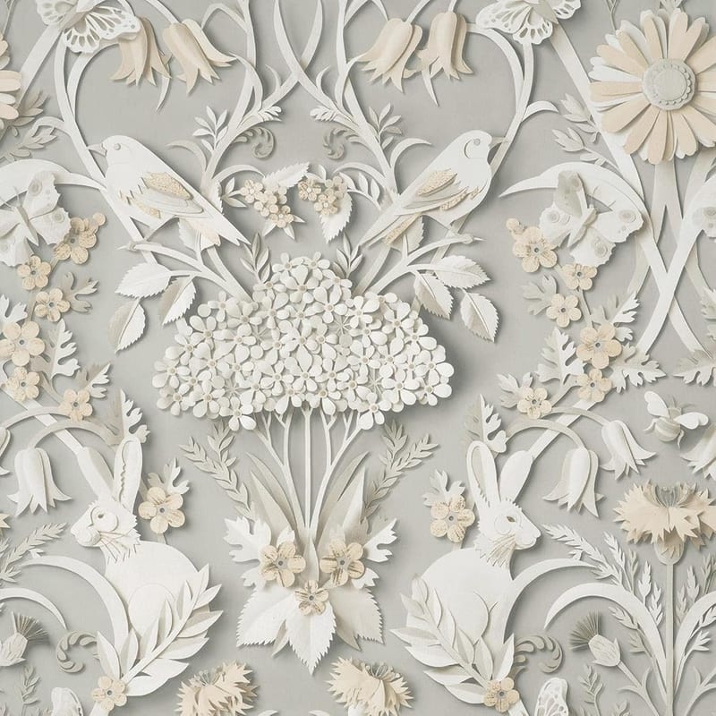 Fine Decor UK Woodland Soft Grey Wallpaper - 3D Effect Rabbits, Birds & Bees Design