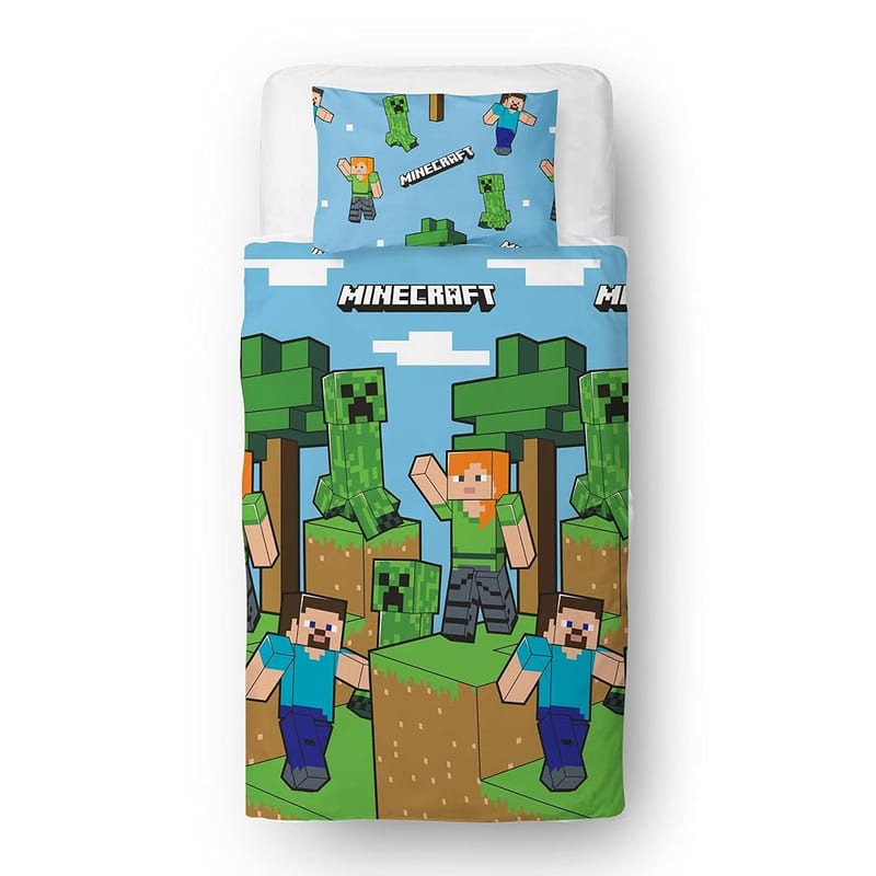 Minecraft Official Single Duvet Cover Set, Epic Design, Blue Reversible 2 Sided Bedding Duvet Cover with Matching Pillowcase