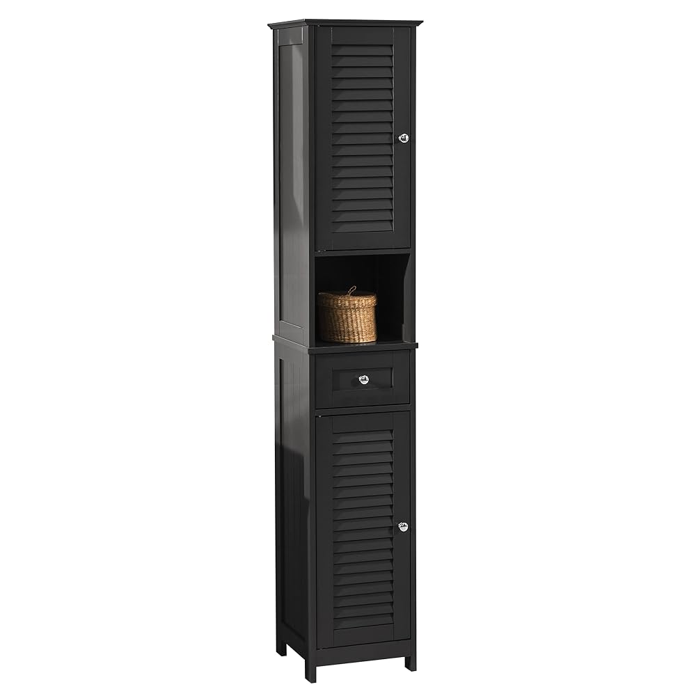 SoBuy Tall Bathroom Storage Cabinet Freestanding, 2 Doors, Drawer and Open Shelf, Dark Grey, FRG236-DG