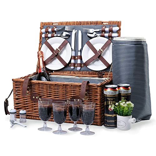 Picnic Basket for 4 Wicker Picnic Set with Large Insulated Cooler Compartment & Waterproof Blanket & Cutlery Service Kit