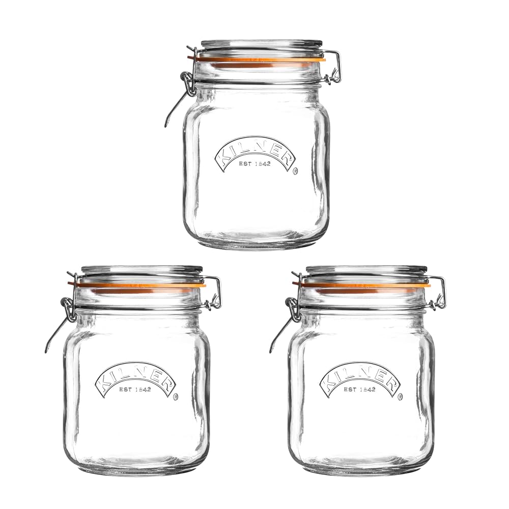Kilner Square Clip Top Jar Set of 3, 1 Litre Airtight Glass Jars