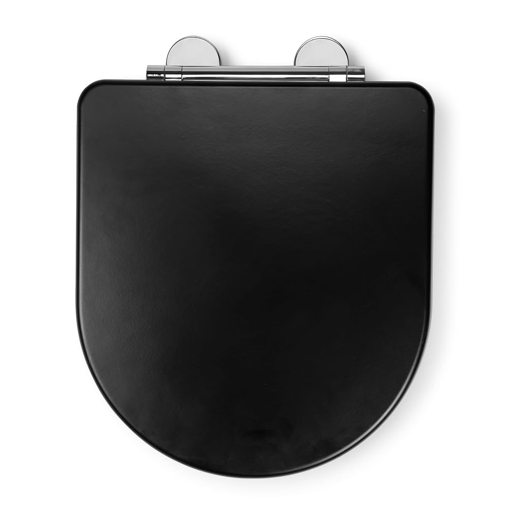 Croydex Iseo Flexi-Fix D Shaped Soft Close Toilet Seat, Quick Release, Antibacterial Wooden Toilet Seat, Black