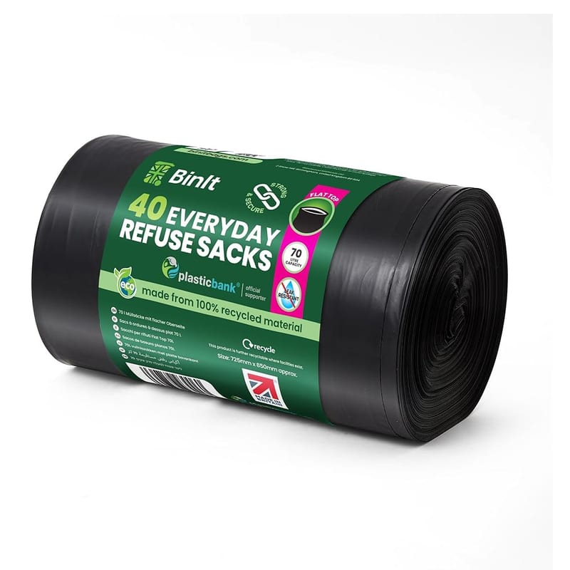 BIN IT 40 Everyday 70L Strong & Secure Refuse Sacks, Bin Bags, Bin Liners, Flat Top, Recycled, Tear Resistant, for Household, Office, Kitchen & Caterers