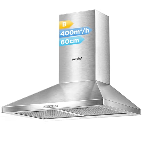 COMFEE' 60 cm Chimney Cooker Hood Stainless Steel Extractor Hood with LED and Recirculating & Ducting System Wall Mounted Range Hood 600 mm Extractor Fan - Silver KWH-PYRA17SS-60