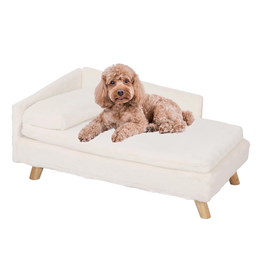 BingoPaw Elevated Dog Sofa Bed, L Shaped Raised Dog Lounger Couch with Wooden Legs, Large (80 x 50cm)