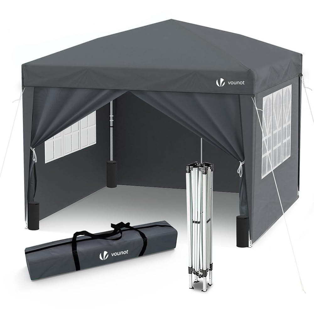 VOUNOT 3m x 3m Pop Up Gazebo with Sides & 4 Weight Bags & Carry Bag, Marquee Garden Party Tent Outdoor, Grey