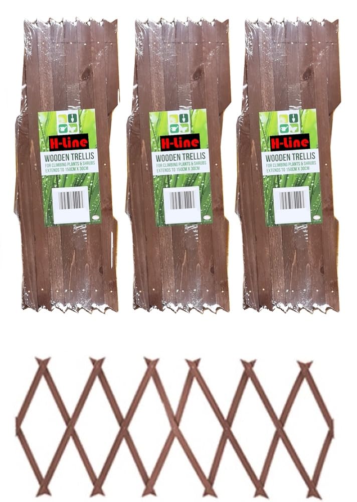 H-LINE 3 x Expanding Wooden Garden Trellis Wall Fence Panel Plant Support (Brown, 150cm x 30cm)