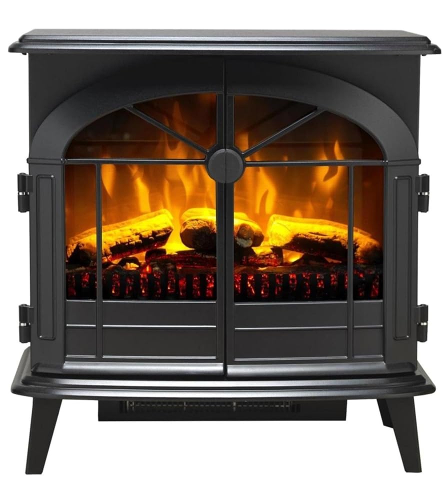 Dimplex Leckford Large Optiflame Electric Stove, Black Freestanding Wood Burner Style LED Fire with Logs, Opening Doors, 2kW Heater