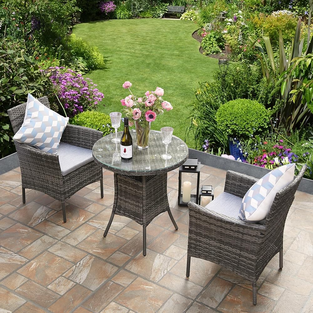 RayGar 3pcs Rattan Garden Furniture Bistro Set with Glass-Top Coffee Table