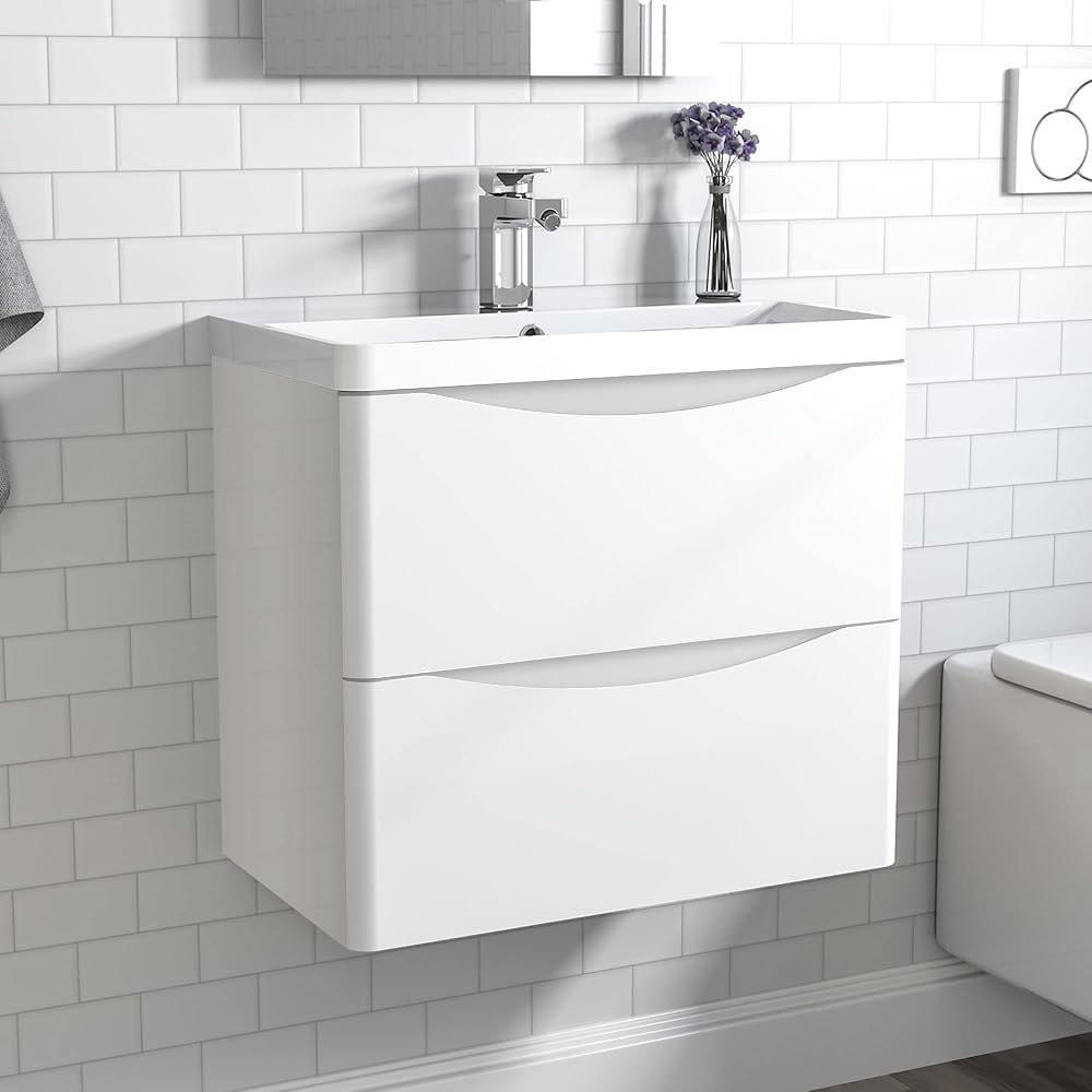 Acezanble 600mm Bathroom Vanity Unit with Basin, Gloss White, Wall Hung, 2 Drawers