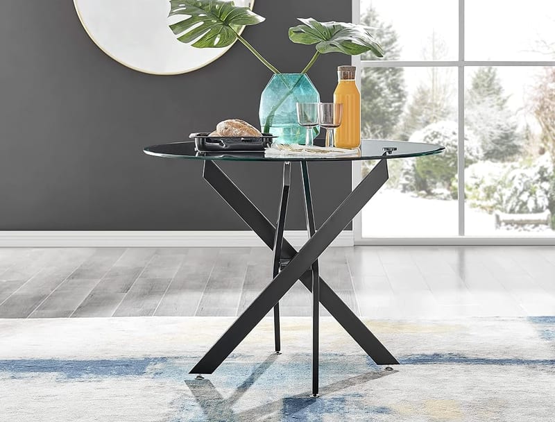 Furniturebox UK Novara 100cm Round Matte Black and Clear Tempered Glass Dining Table