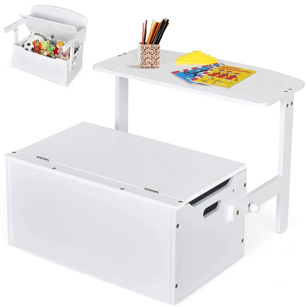 GYMAX 3 in 1 Kids Storage Bench, Convertible Toy Storage Box with Safety Hinge, Wooden Children Table and Chair Set for Playroom Bedroom (White)