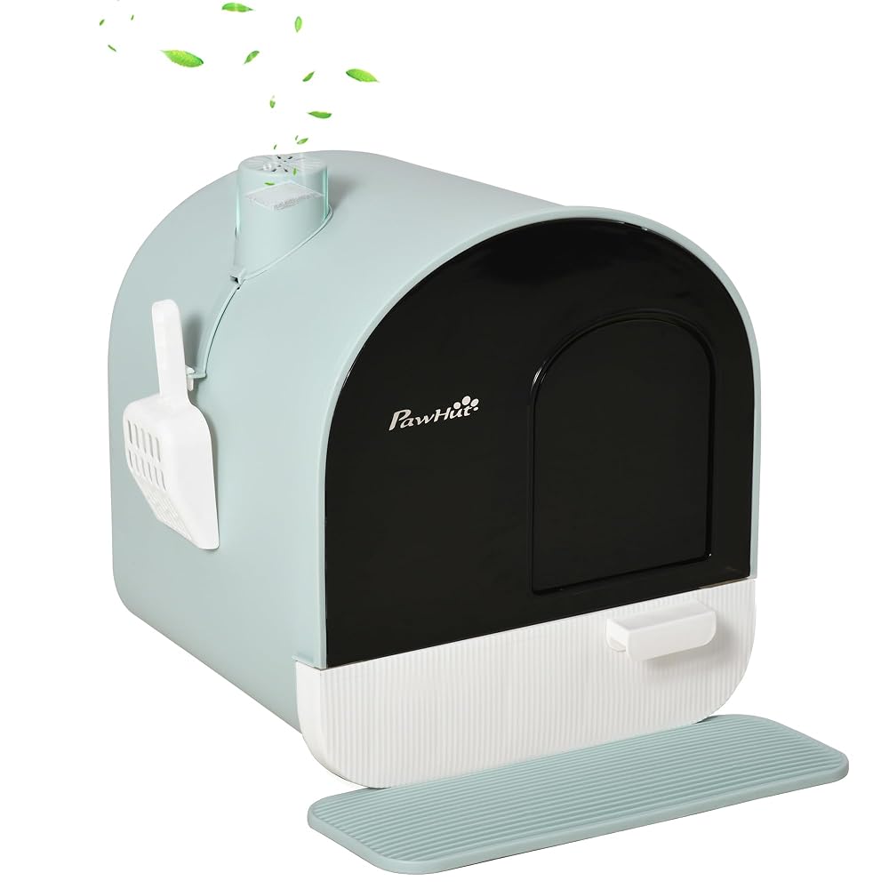 PawHut Hooded Cat Litter Tray with Slide-Out Drawer, Enclosed Litter Box with Anti-Tracking Mat, Scoop and Filter