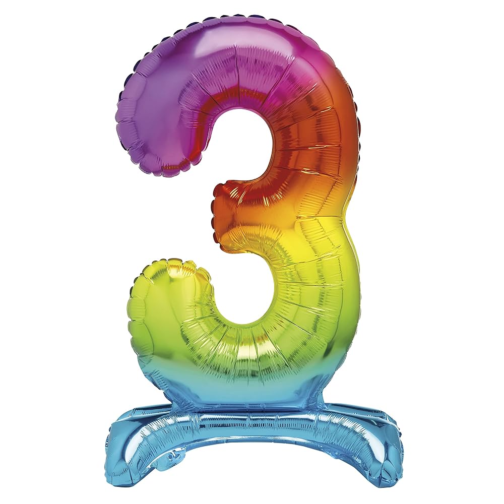 Unique Rainbow Standing Number 3 Foil Balloon 30", Packaged, Air-Fill Only