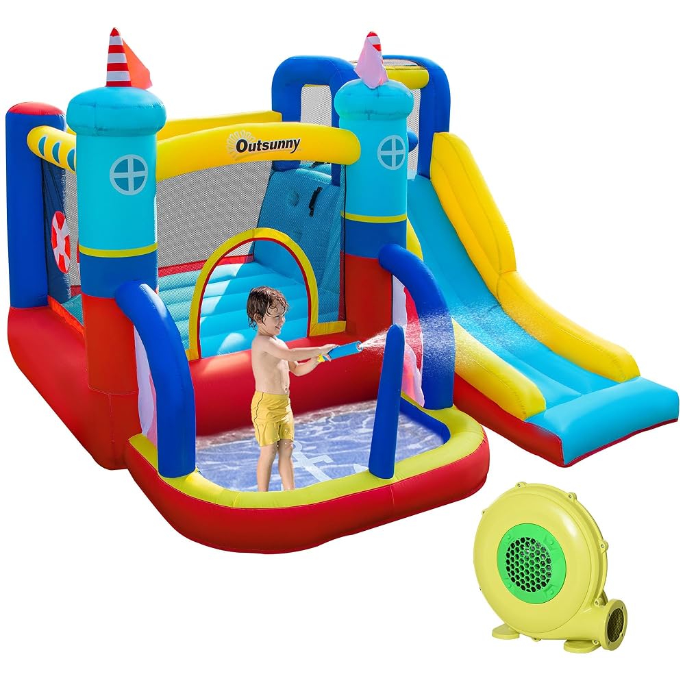 Outsunny Kids Bouncy Castle 4 in 1 Large for Kids Age 3-8 2.65 x 2.6 x 2m | Sailboat Style, Inflatable House, Slide, Trampoline, Water Pool, Climbing Wall, Blower, Carrybag