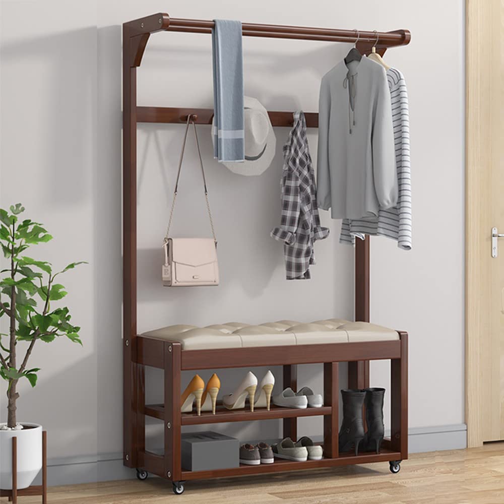 Coat Rack with Shoe Bench Furniture, 4 In 1 Hall Tree with Shoe Rack and Storage Bench for Entryway, Wood, 170cm