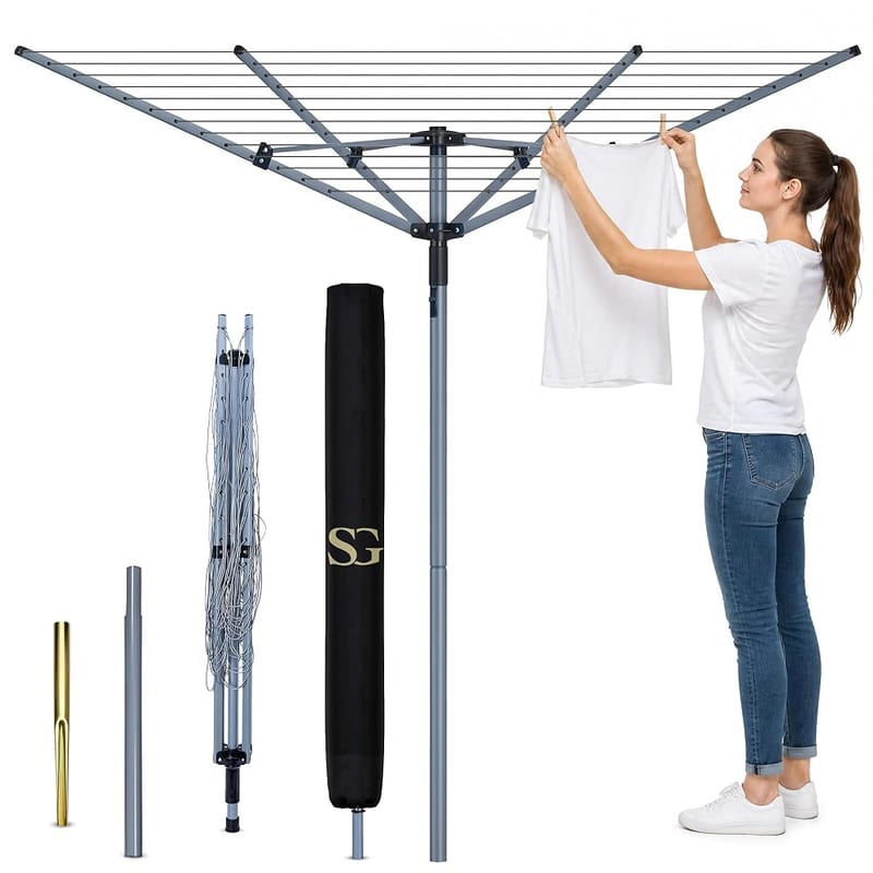 SG 4 Arm 60m Rotary Washing Line Outdoor, Heavy Duty Large Clothes Rotating Airer Dryer for Garden Use, Easy to Open and Close, with Ground Spike and Cover, Silver