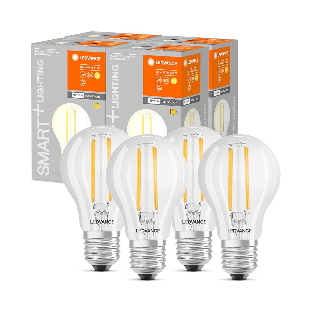 LEDVANCE Smart LED Lamp with WiFi Technology, E27, Dimmable, Warm White (4-Pack)