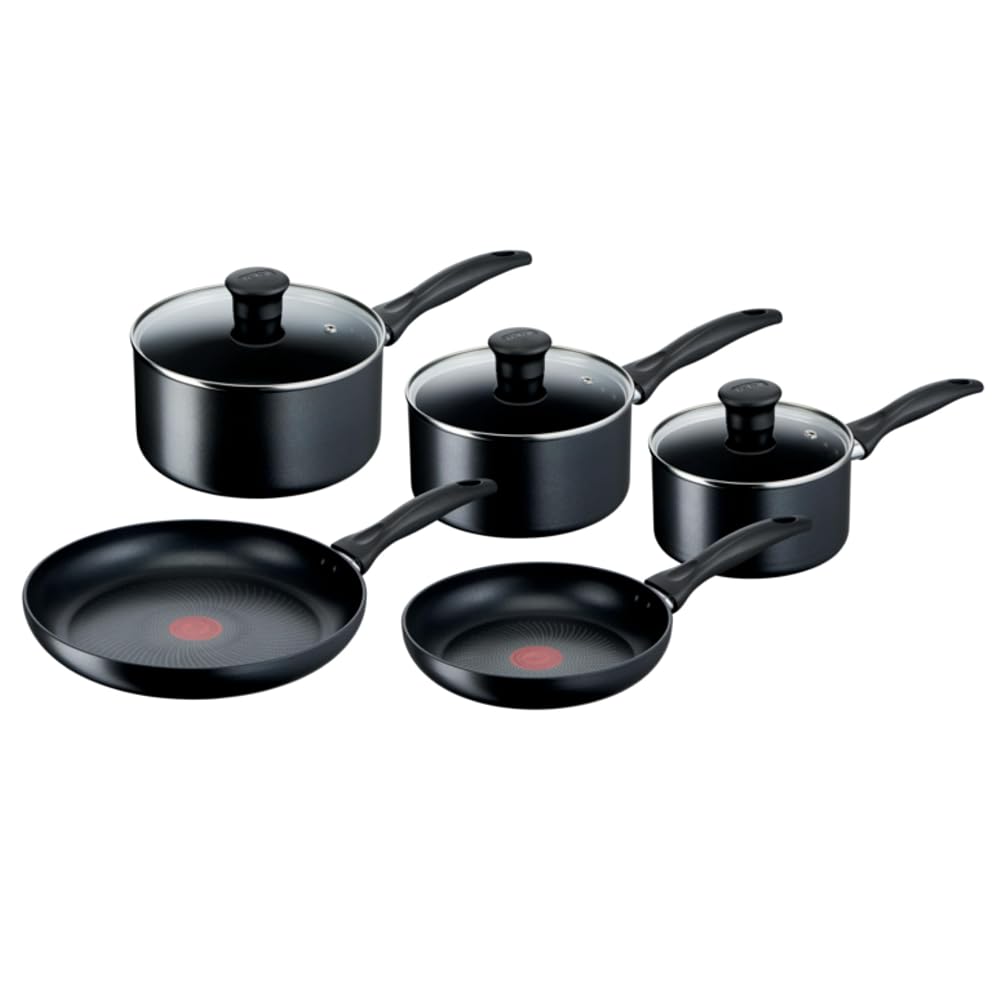 Tefal Induction Non-Stick Coating 5-Piece Cookware Set, 16/18/20 cm Saucepans + 22/28 cm Frying Pans, Thermo-Signal, Glass Lids, All Hobs including Induction, Black