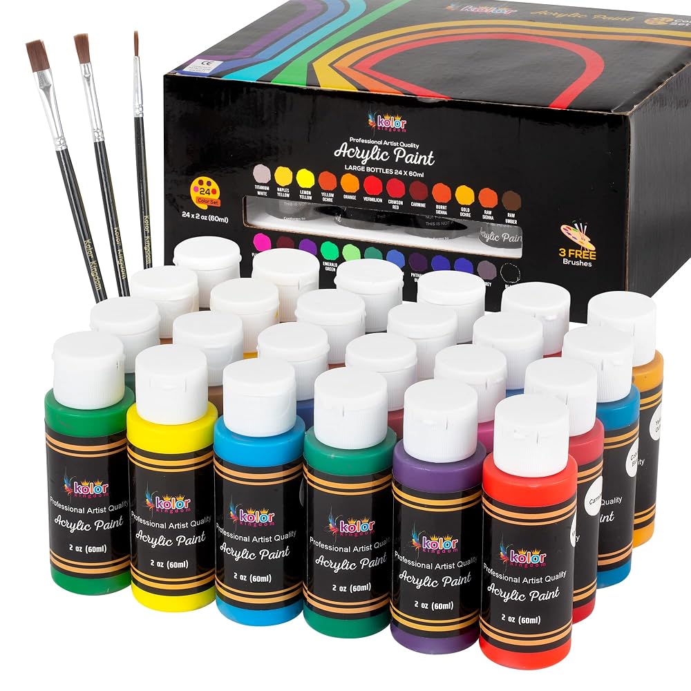 KOLOR KINGDOM Acrylic Paint Set 24 Colours Canvas Paints Kit with 3 Paint Brushes for Crafts, Kids Paints, Paper, Rock Painting, Wood, Ceramic & Fabric (24 x 60ML)